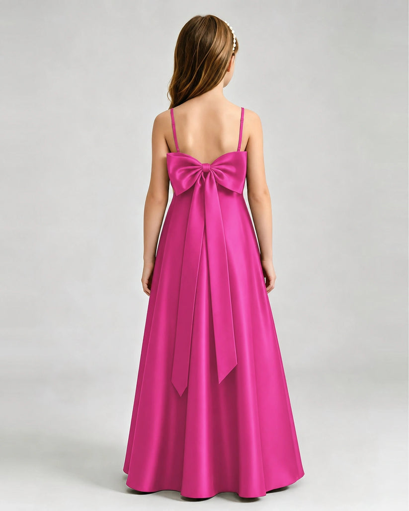 Hot Pink Satin A-line Girls Formal Dress Back View