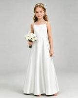 Ivory Satin A-line Girls Formal Dress Front View