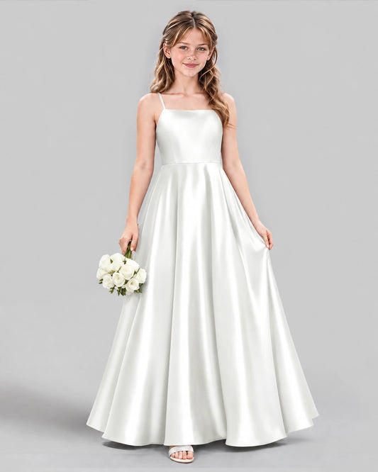 Ivory Satin A-line Girls Formal Dress Front View