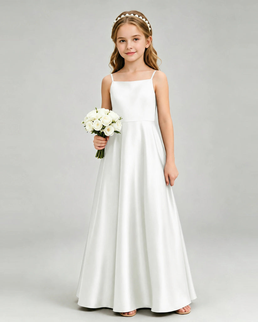 Ivory Satin A-line Girls Formal Dress Front View