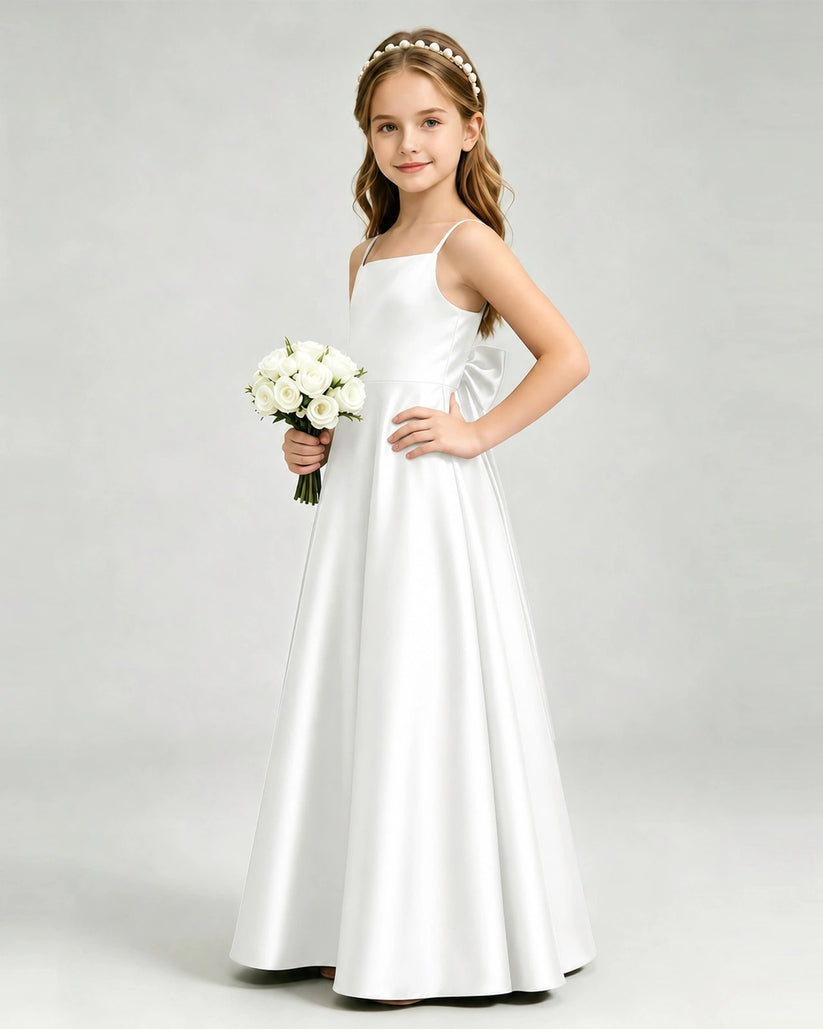 Ivory Satin A-line Girls Formal Dress Front View