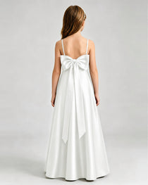Ivory Junior Bridesmaid Dress Spaghetti Strap Satin Bow A-Line Floor-Length Gown Back Full View