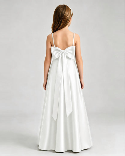 Ivory Junior Bridesmaid Dress Spaghetti Strap Satin Bow A-Line Floor-Length Gown Back Full View