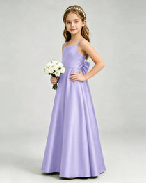 Lavende Junior Bridesmaid Dress Spaghetti Strap Satin Bow A-Line Floor-Length Gown Side Full View
