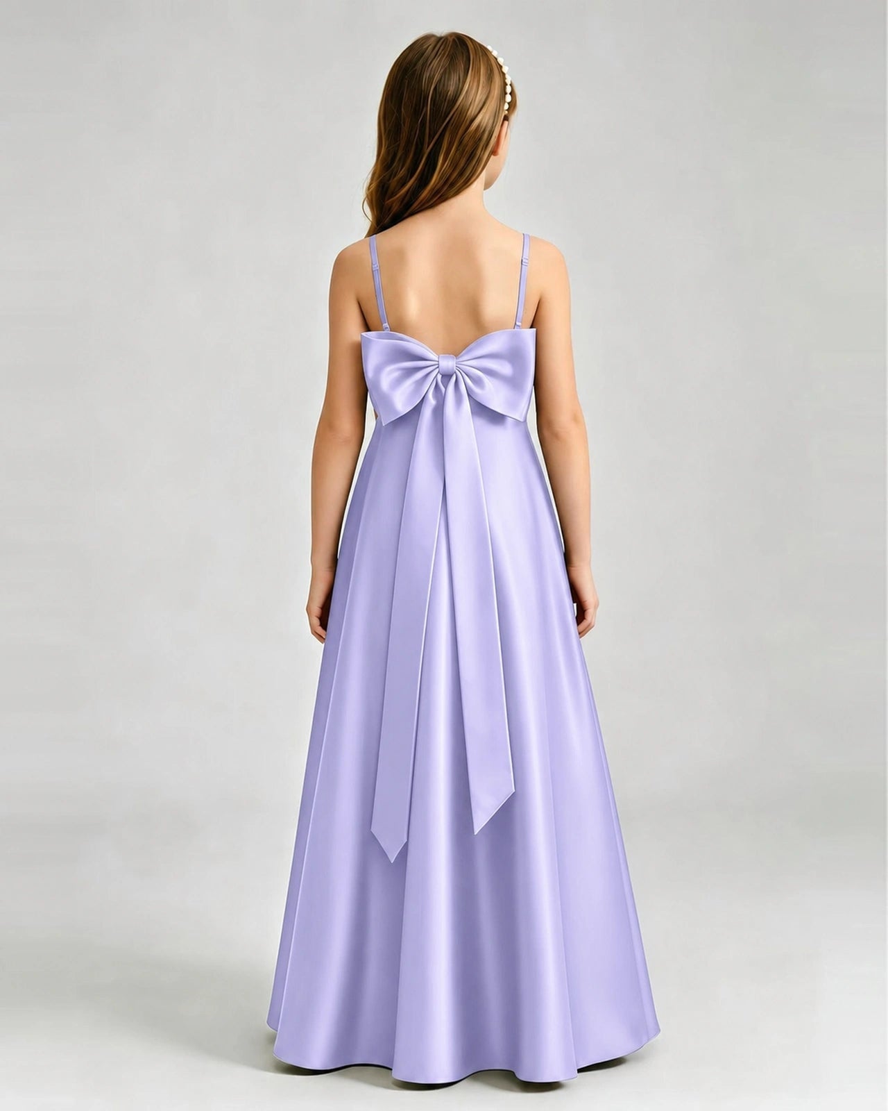 Lavende Junior Bridesmaid Dress Spaghetti Strap Satin Bow A-Line Floor-Length Gown Back Full View