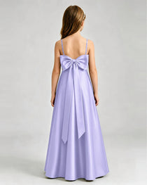 Lavende Junior Bridesmaid Dress Spaghetti Strap Satin Bow A-Line Floor-Length Gown Back Full View