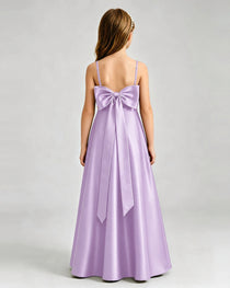 Lilac Junior Bridesmaid Dress Spaghetti Strap Satin Bow A-Line Floor-Length Gown Back Full View