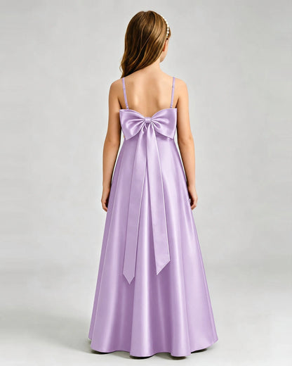 Lilac Junior Bridesmaid Dress Spaghetti Strap Satin Bow A-Line Floor-Length Gown Back Full View