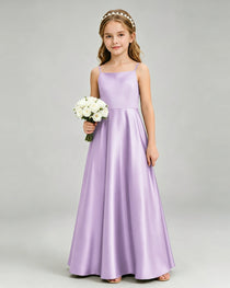Lilac Junior Bridesmaid Dress Spaghetti Strap Satin Bow A-Line Floor-Length Gown Front Full View