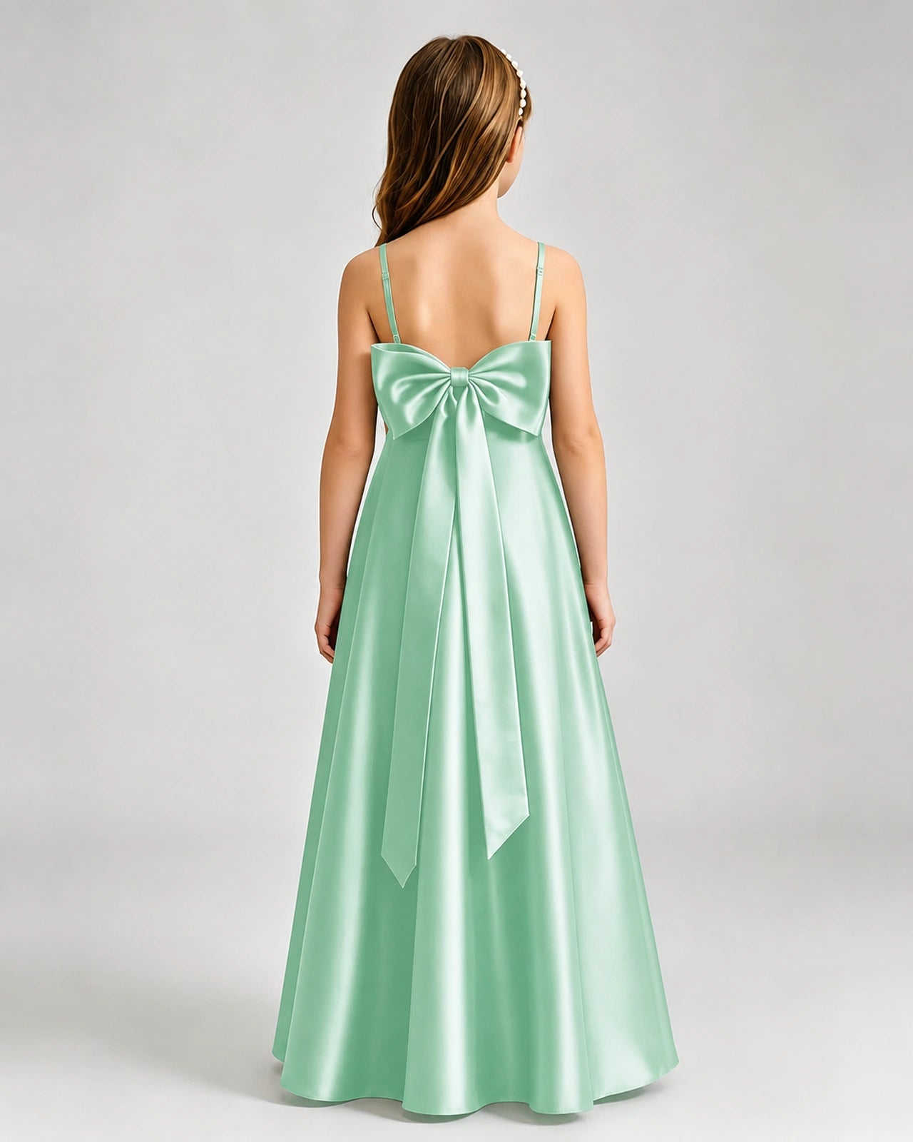 Mint Green Junior Bridesmaid Dress Spaghetti Strap Satin Bow A-Line Floor-Length Gown Back Full View