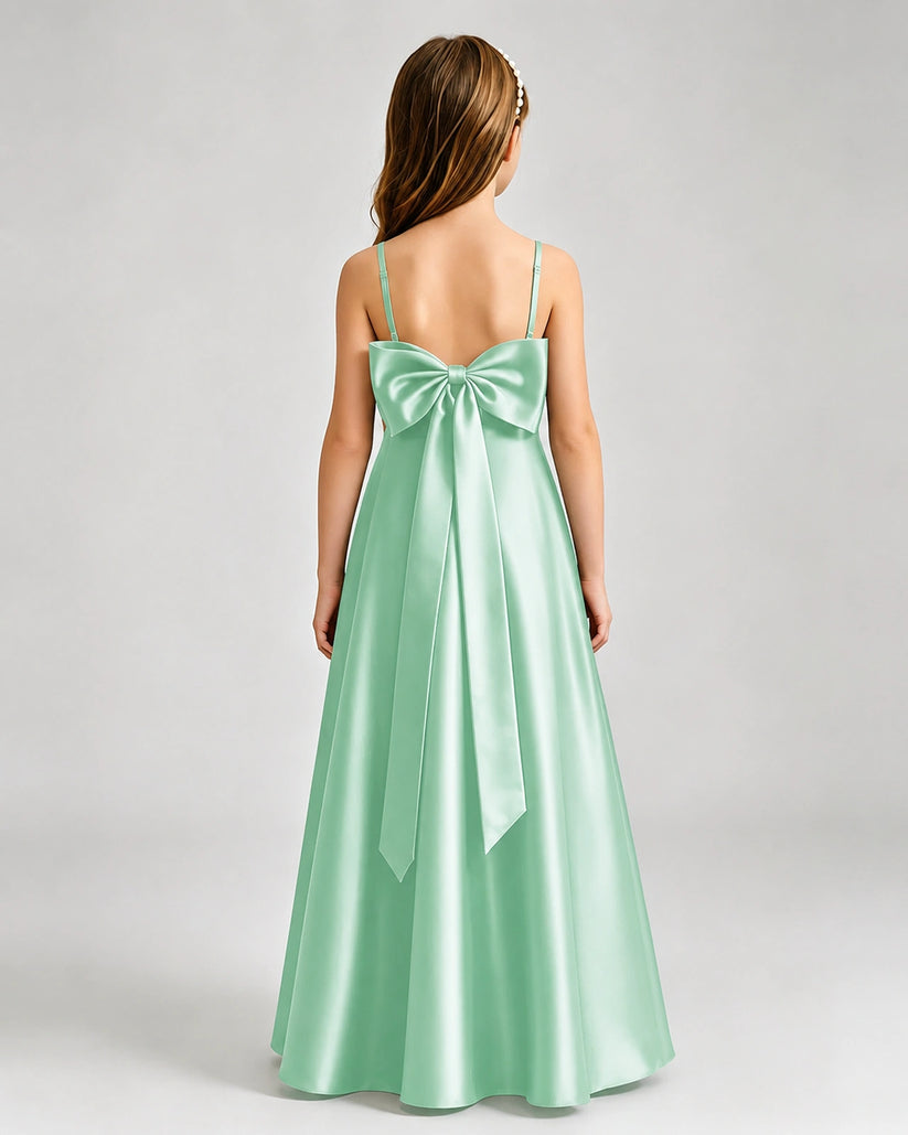 Mint Green Satin A-line Girls Formal Dress Back View