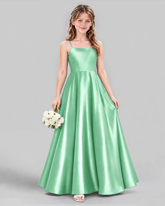 Mint Green Satin A-line Girls Formal Dress Side View