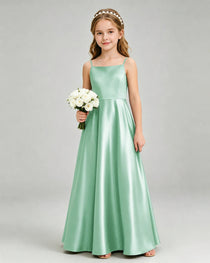 Mint Green Junior Bridesmaid Dress Spaghetti Strap Satin Bow A-Line Floor-Length Gown Front Full View