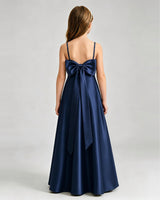 Navy Blue Satin A-line Girls Formal Dress Back View
