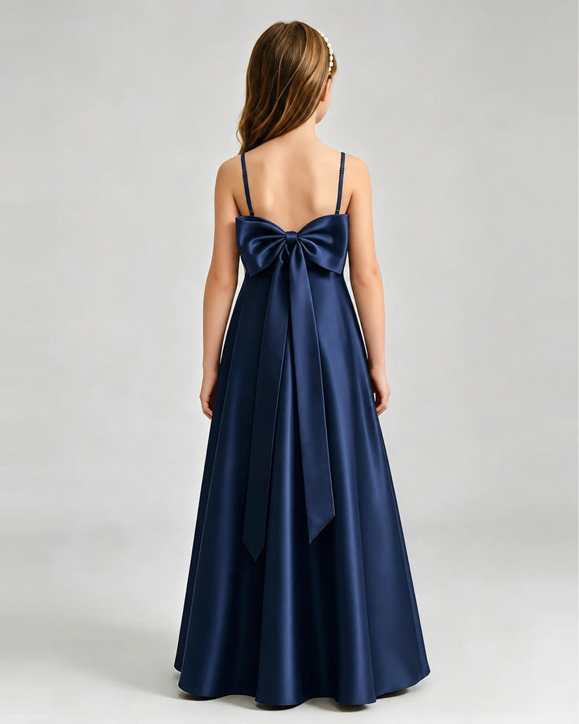 Navy Blue Satin A-line Girls Formal Dress Back View