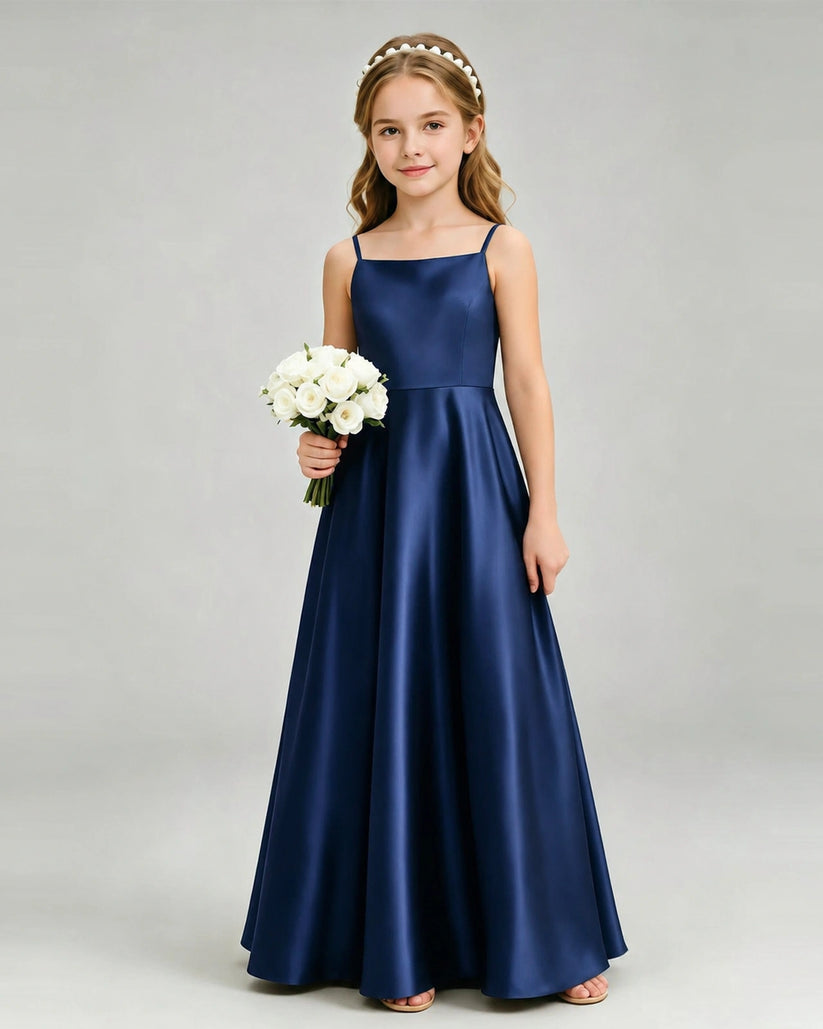Navy Blue Satin A-line Girls Formal Dress Front View