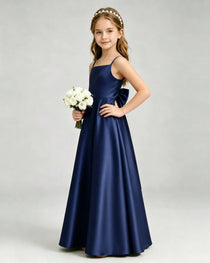 Navy Blue Junior Bridesmaid Dress Spaghetti Strap Satin Bow A-Line Floor-Length Gown Side Full View