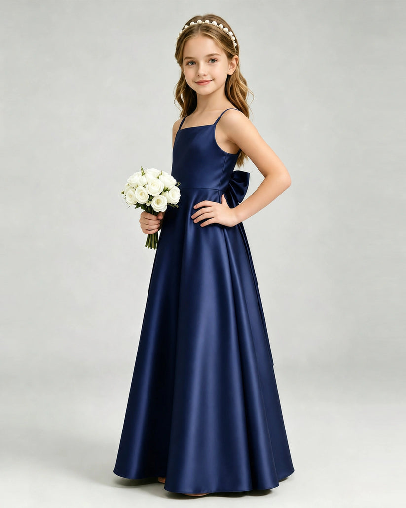 Navy Blue Satin A-line Girls Formal Dress Side View