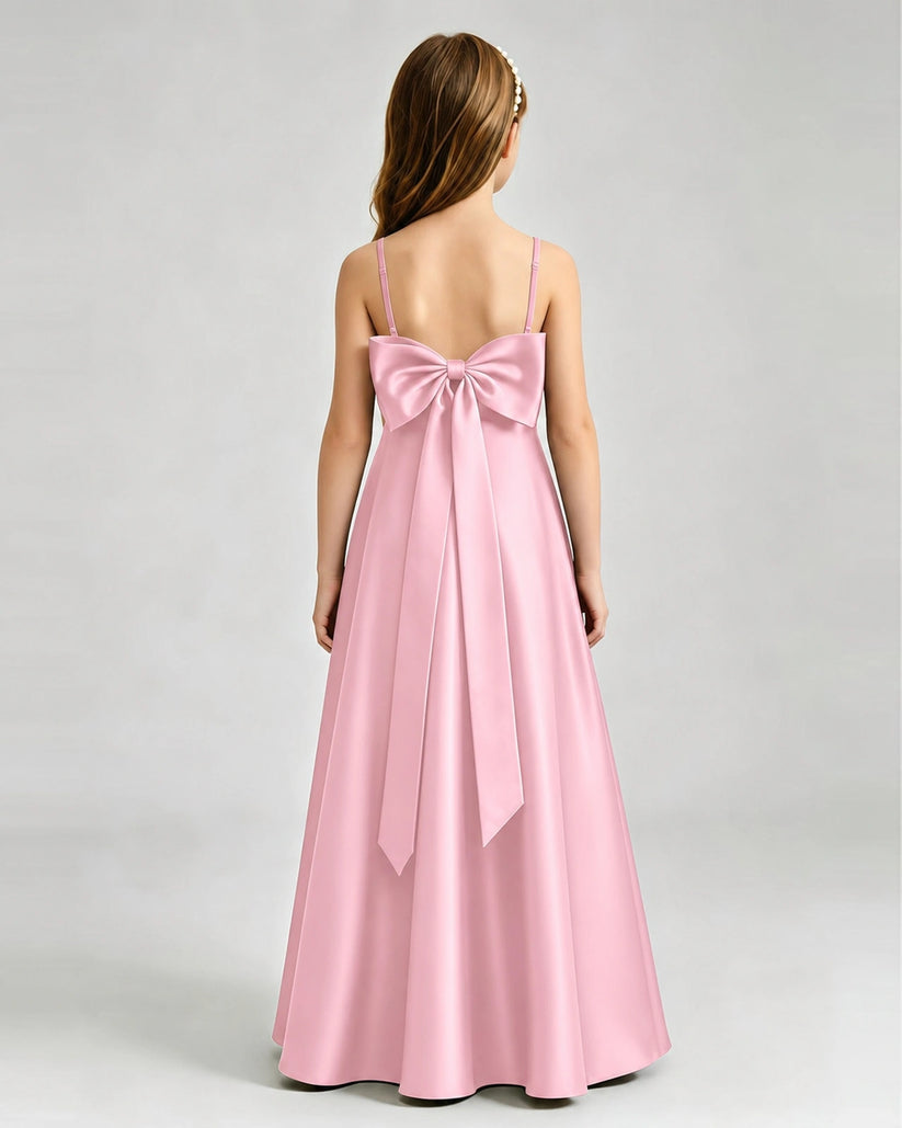 Pink Satin A-line Girls Formal Dress Back View