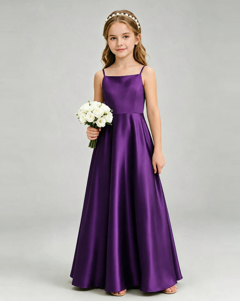 Purple Satin A-line Girls Formal Dress Front View