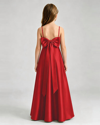 Red Junior Bridesmaid Dress Spaghetti Strap Satin Bow A-Line Floor-Length Gown Back Full View