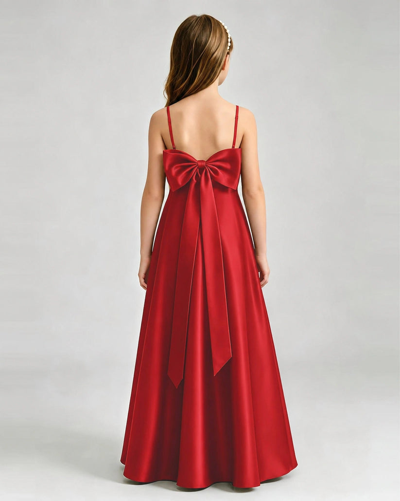 Red Satin A-line Girls Formal Dress Back View
