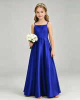 Royal Blue Satin A-line Girls Formal Dress Front View