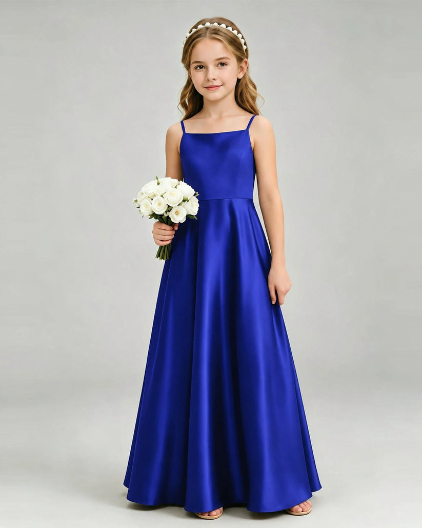 Royal Blue Satin A-line Girls Formal Dress Front View