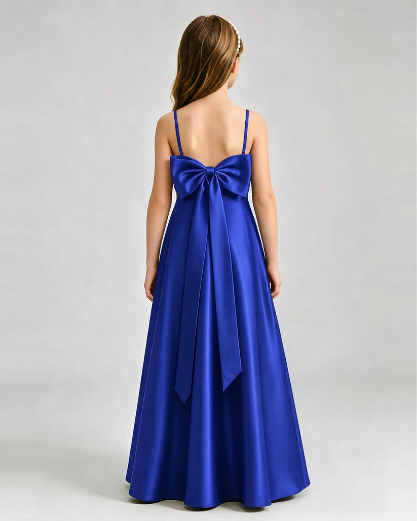 Royal Blue Satin A-line Girls Formal Dress Back View