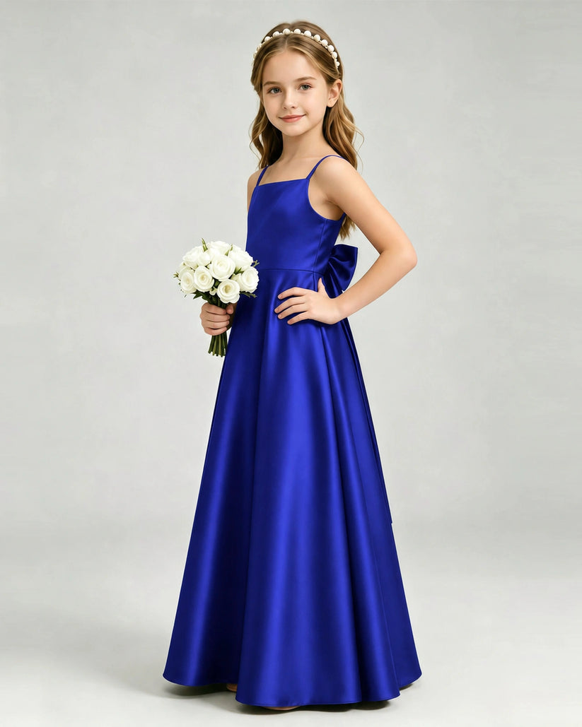 Royal Blue Satin A-line Girls Formal Dress Side View