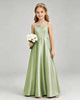 Sage Green Satin A-line Girls Formal Dress Front View