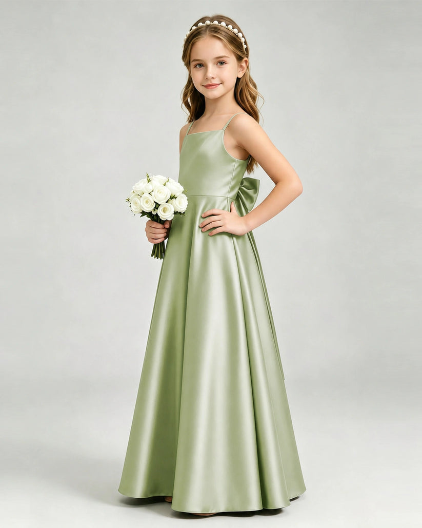 Sage Green Satin A-line Girls Formal Dress Side View