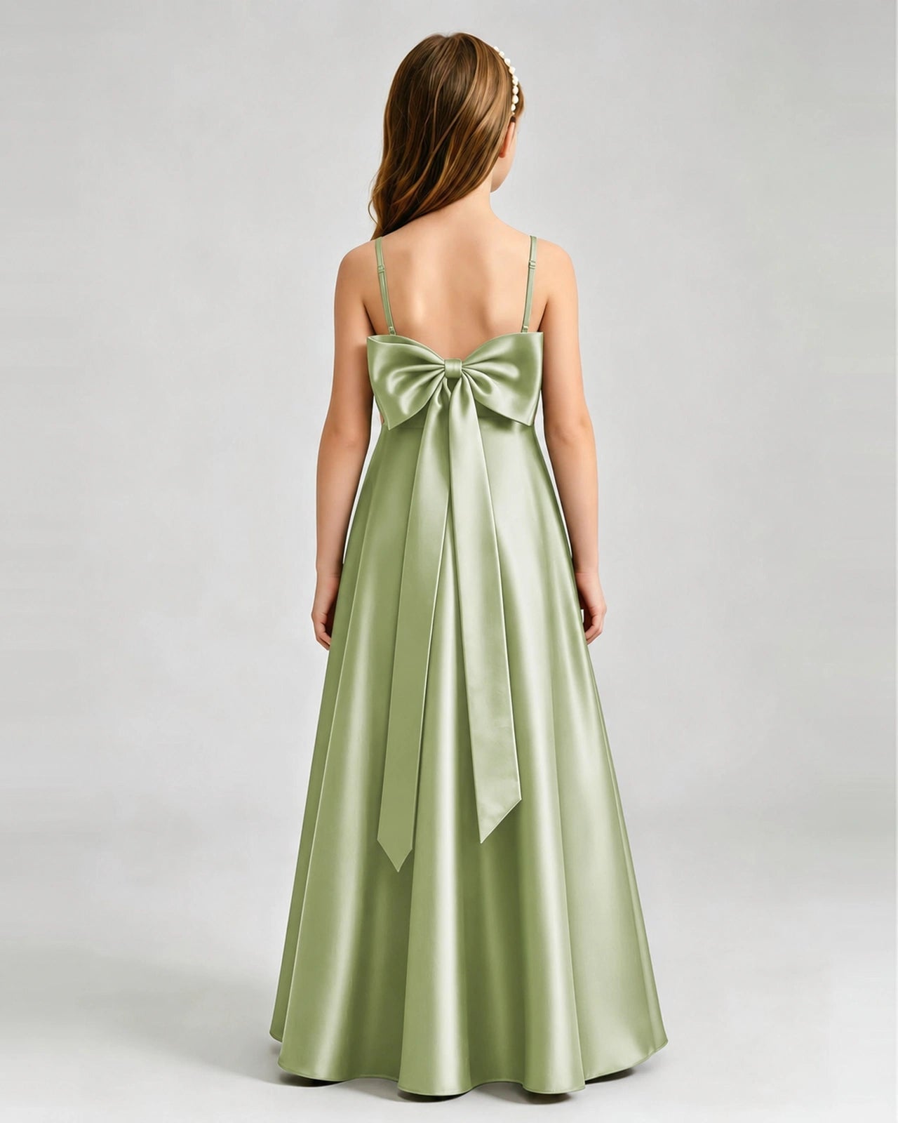 Sage Green Junior Bridesmaid Dress Spaghetti Strap Satin Bow A-Line Floor-Length Gown Back Full View
