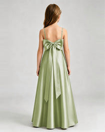 Sage Green Junior Bridesmaid Dress Spaghetti Strap Satin Bow A-Line Floor-Length Gown Back Full View