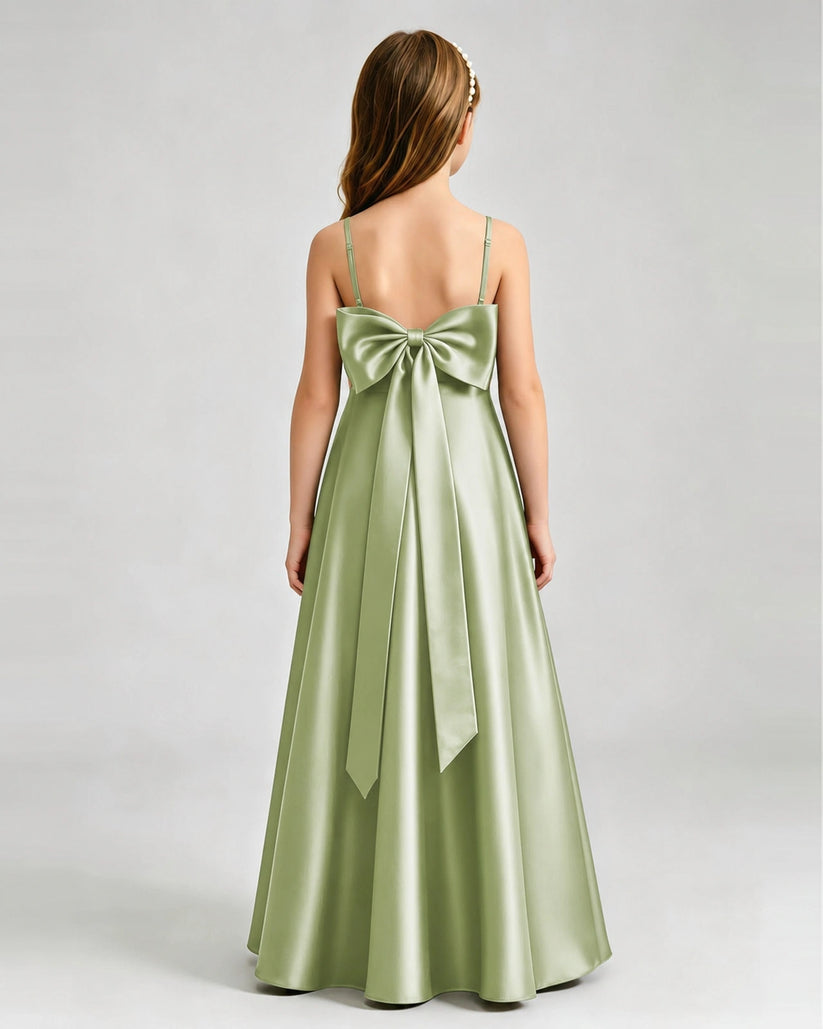Sage Green Satin A-line Girls Formal Dress Back View