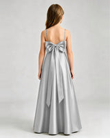 Silver Satin A-line Girls Formal Dress Back View