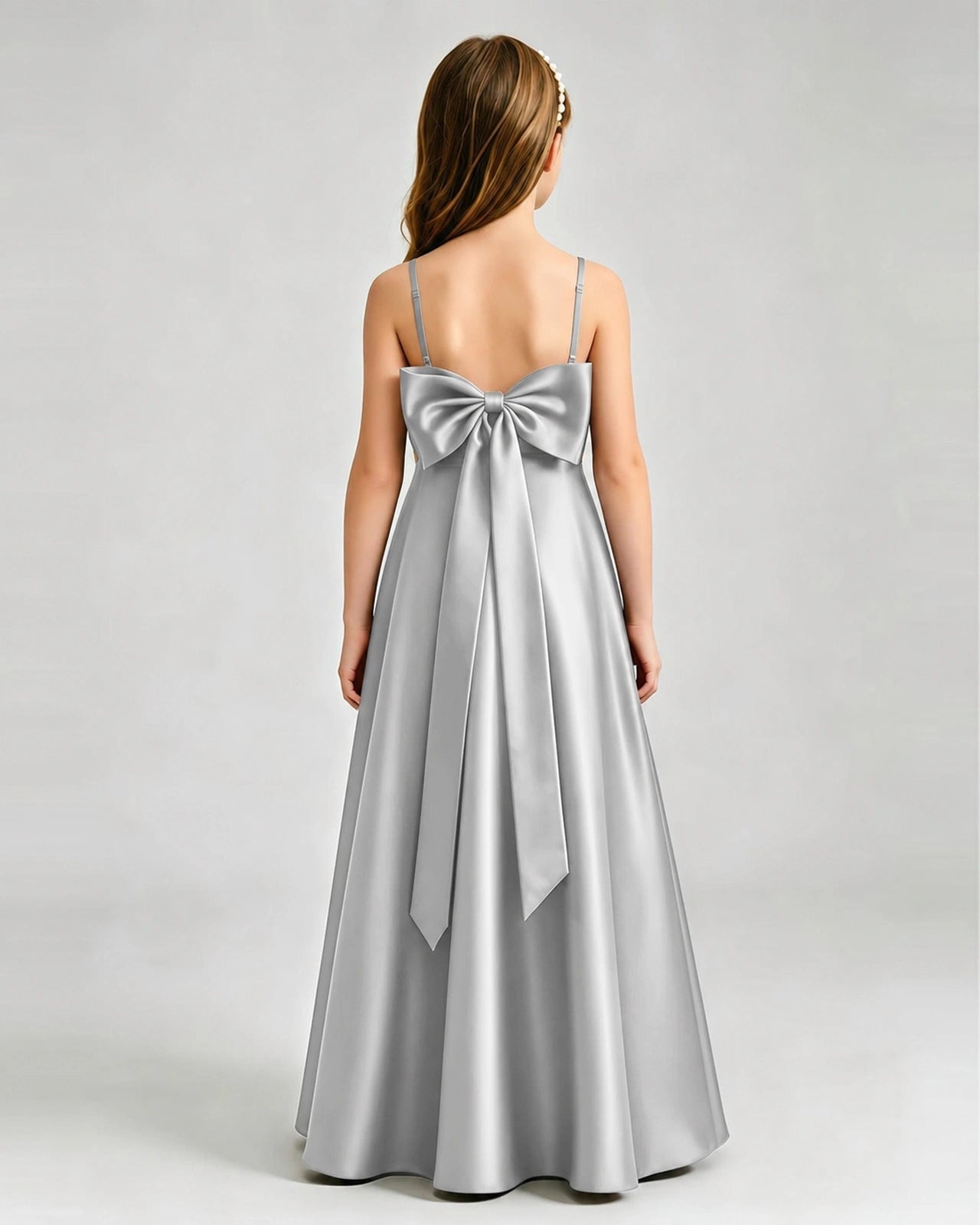 Silver Junior Bridesmaid Dress Spaghetti Strap Satin Bow A-Line Floor-Length Gown Back Full View