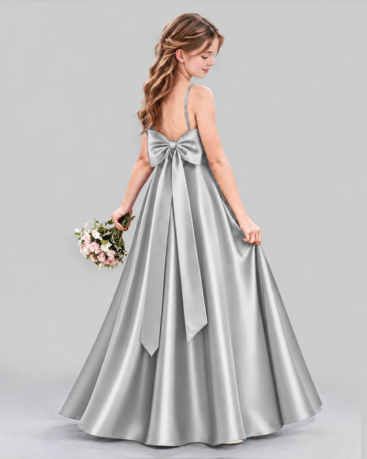 Silver Satin A-line Girls Formal Dress Back View