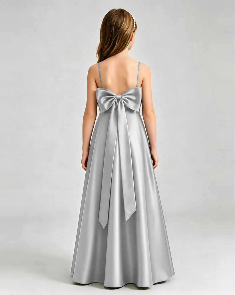 Silver Satin A-line Girls Formal Dress Back View