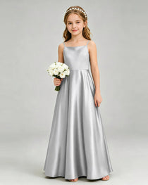 Silver Junior Bridesmaid Dress Spaghetti Strap Satin Bow A-Line Floor-Length Gown Front Full View