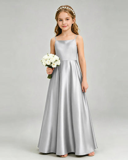 Silver Junior Bridesmaid Dress Spaghetti Strap Satin Bow A-Line Floor-Length Gown Front Full View