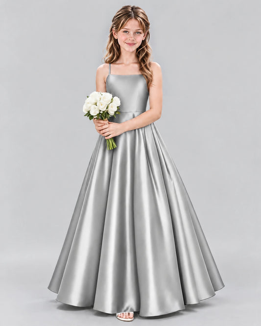Silver Satin A-line Girls Formal Dress Front View