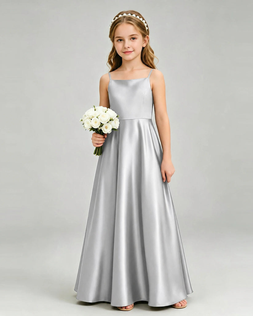 Silver Satin A-line Girls Formal Dress Front View