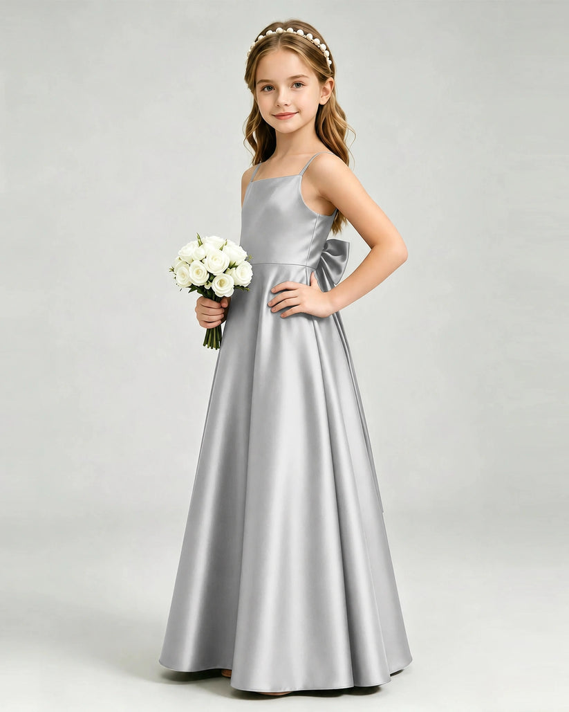 Silver Satin A-line Girls Formal Dress Front View