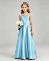 Sky Blue Satin A-line Girls Formal Dress Front View