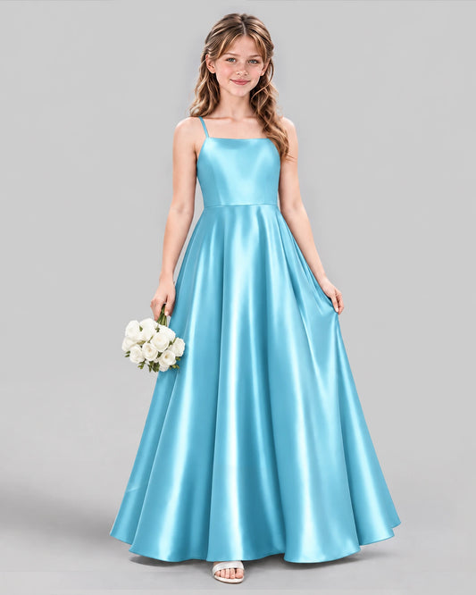 Sky Blue Satin A-line Girls Formal Dress Front View