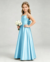 Sky Blue Satin A-line Girls Formal Dress Side View