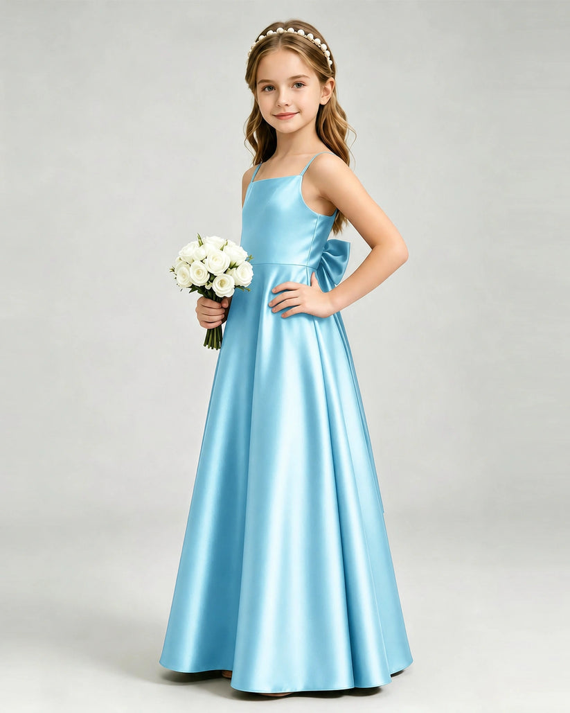Sky Blue Satin A-line Girls Formal Dress Side View
