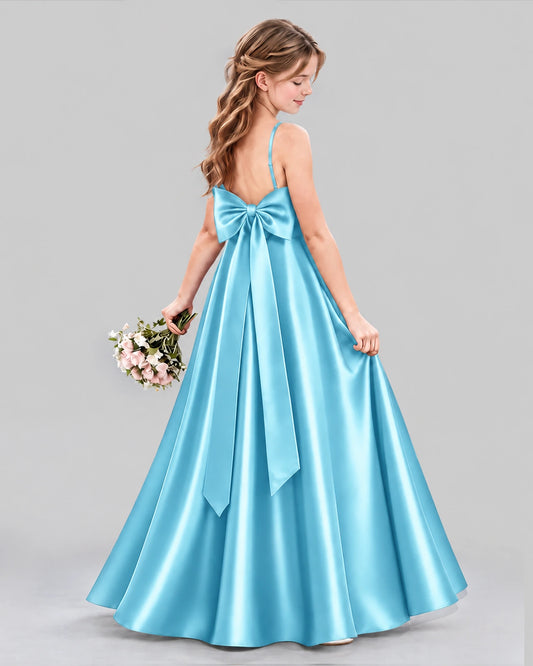 Sky Blue Satin A-line Girls Formal Dress Back View