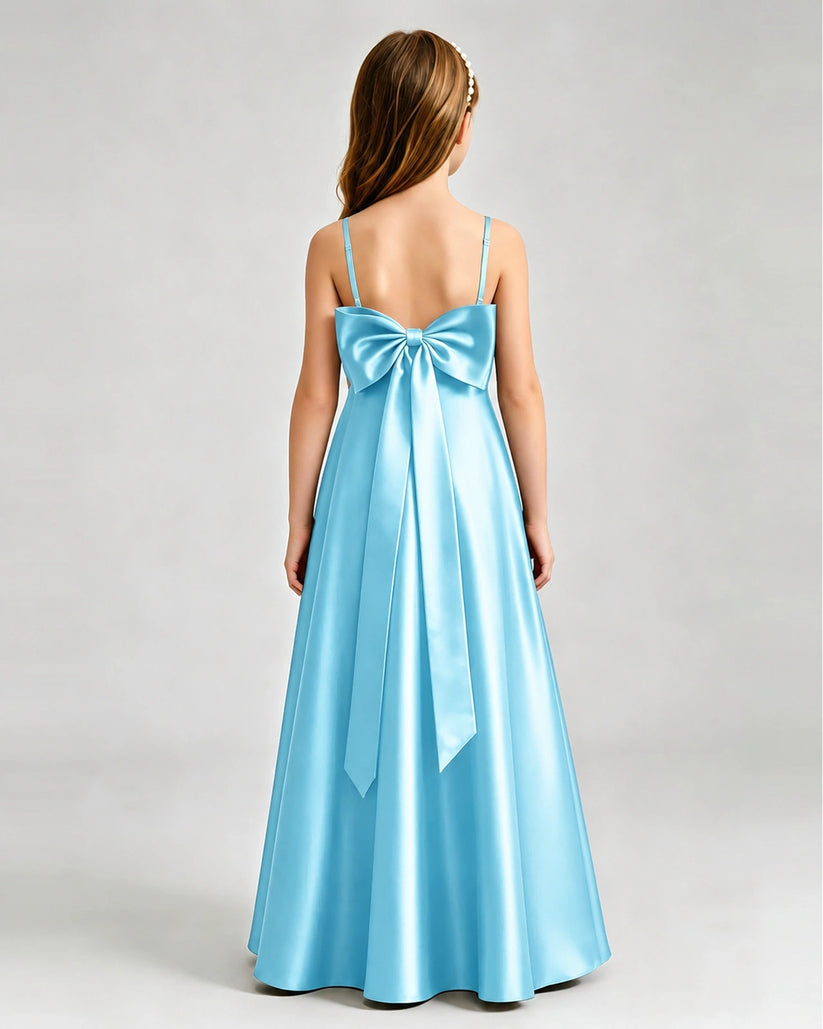 Sky Blue Satin A-line Girls Formal Dress Back View